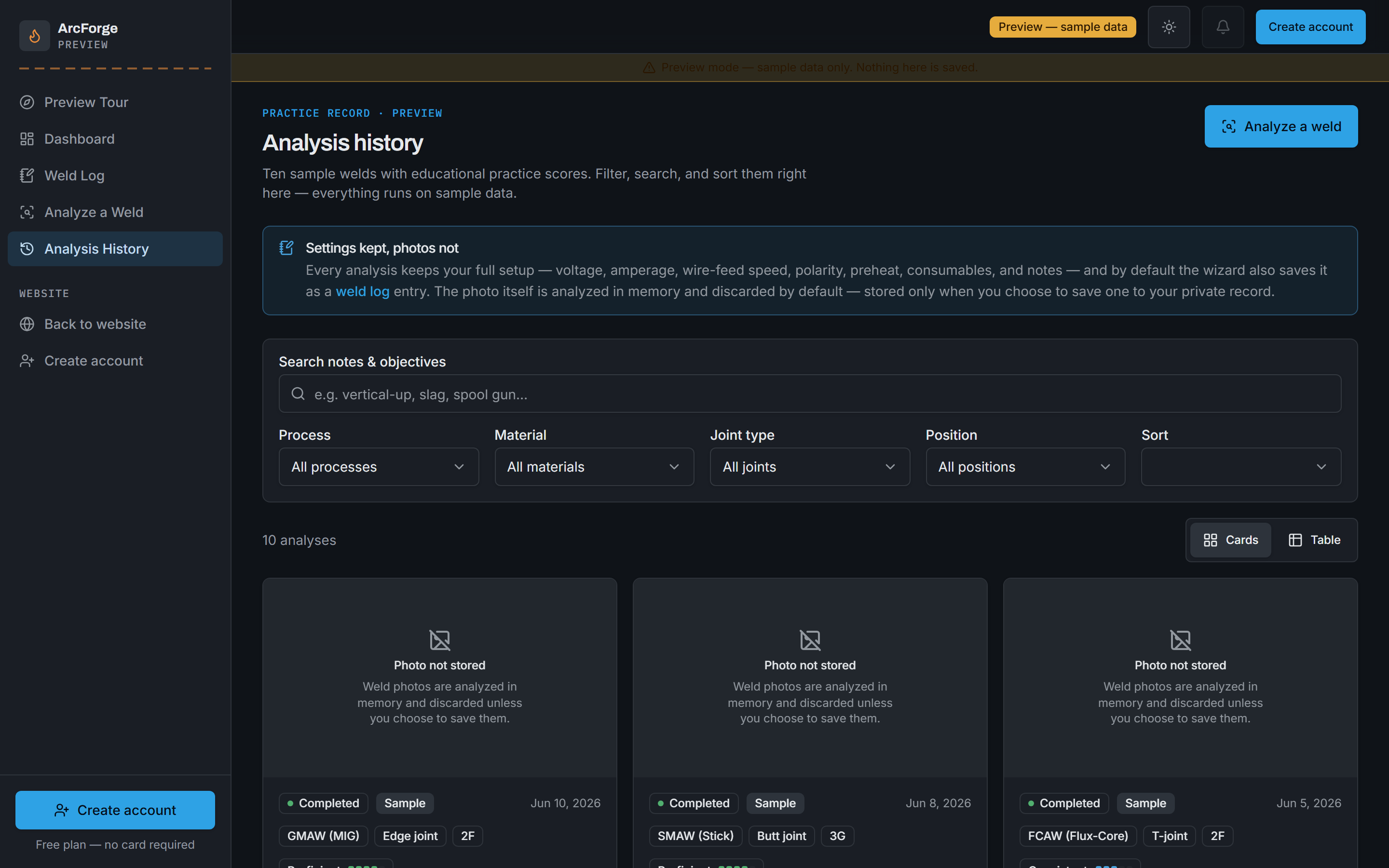 ArcForge analysis history: a searchable, filterable list of past weld analyses by process, material, joint type, and position