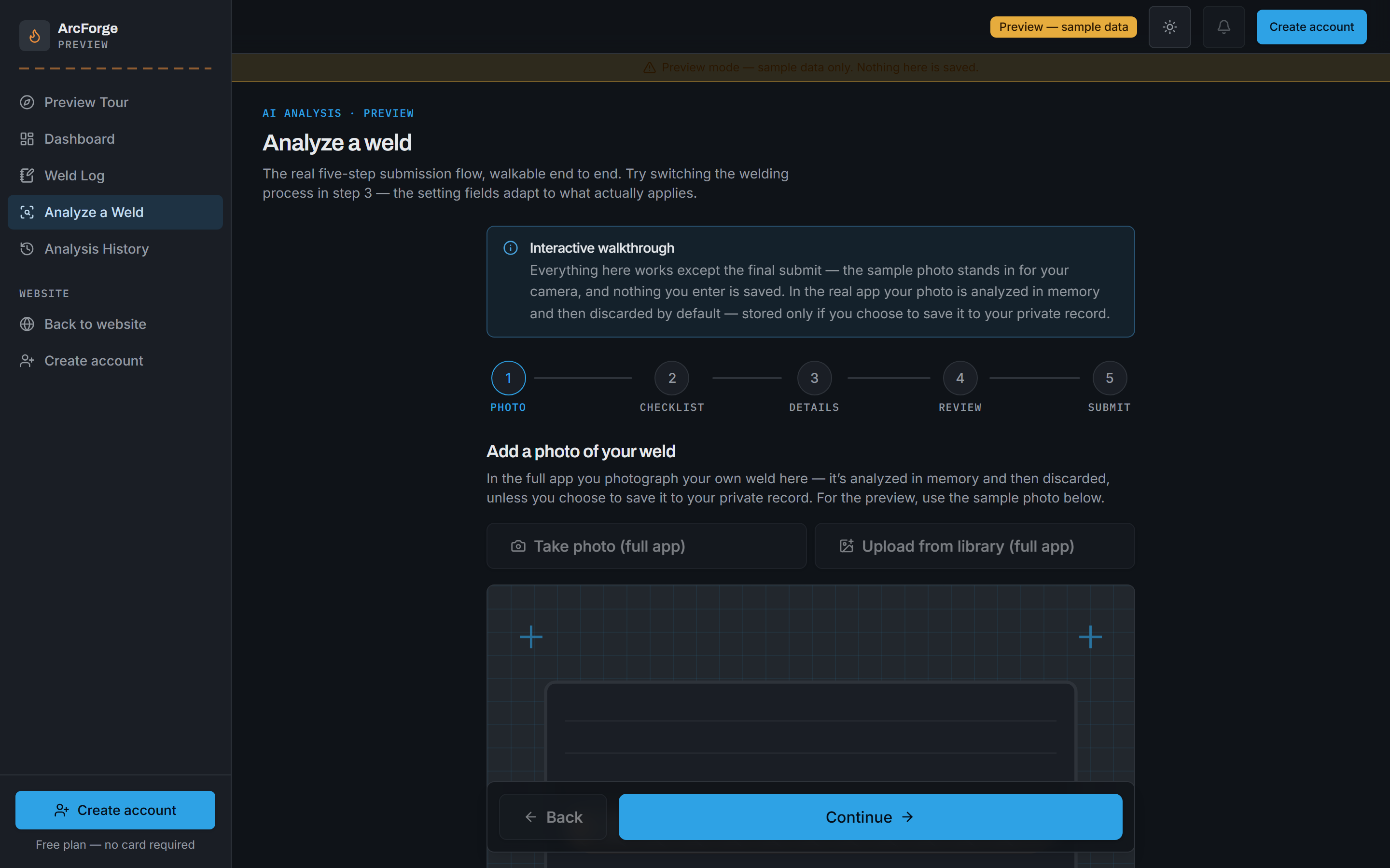 ArcForge AI analysis flow: a five-step wizard — photo, checklist, details, review, submit — for analyzing a weld photo