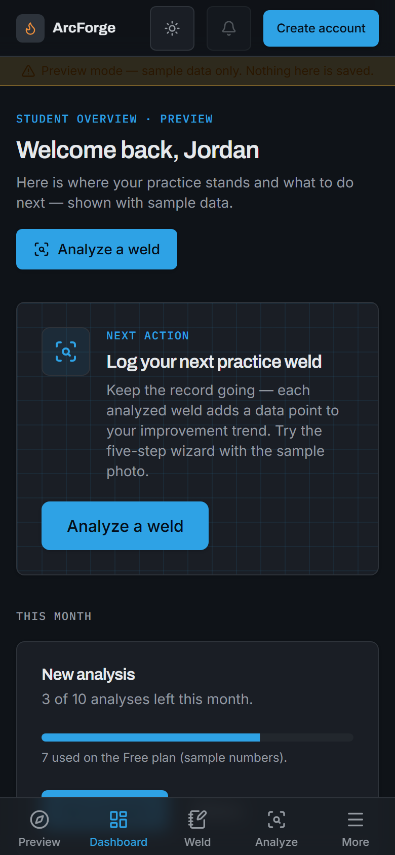 ArcForge running on a phone: the student dashboard with a bottom navigation bar for Dashboard, Weld, Analyze, and more